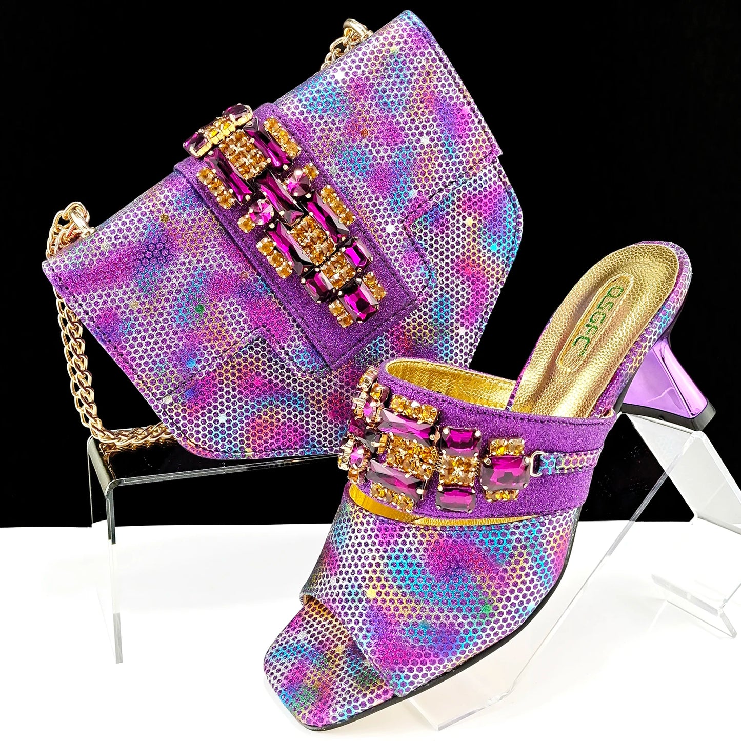 Italian Fashion Square toe Women Strange Heels Bigger size Fashion Rhinestone Decoration Brown Shoes And Bag set Party bag