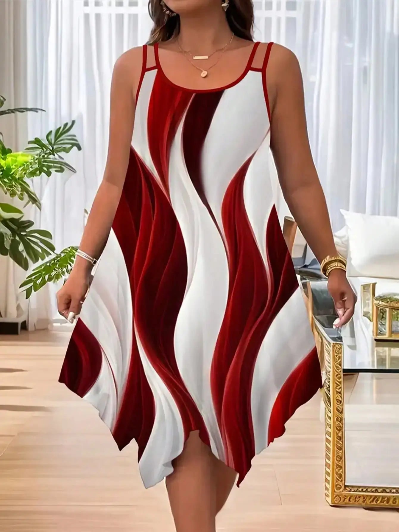 Plus Size Women Casual Striped Print Asymmetric Hem Sleeveless Dress Summer Elegant