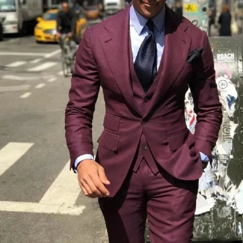 Burgundy Classic Men Suits 3 Pieces Suits Set