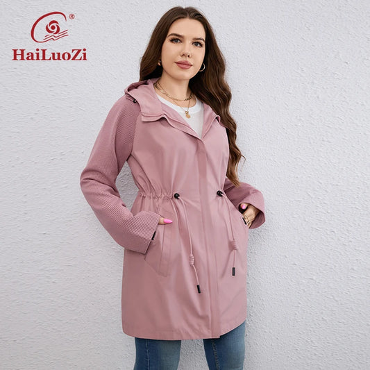 Autumn Plus Size Women Trench Coat Windproof Mid-Long Female Clothing Hooded Drawstrings  Women's Jacket