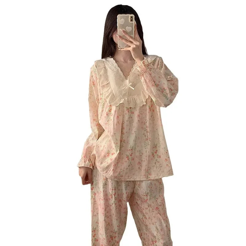 Women`s Lace Flower 2 Piece Pajamas Set V-neck Ruffled Nightwear Clothes