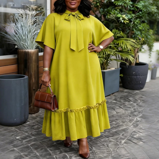 Elegant Women Straight Dress Bow Collar Short Sleeves Loose Long Ruffles Hem Africa Simple Solid Church Causal