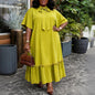 Elegant Women Straight Dress Bow Collar Short Sleeves Loose Long Ruffles Hem Africa Simple Solid Church Causal