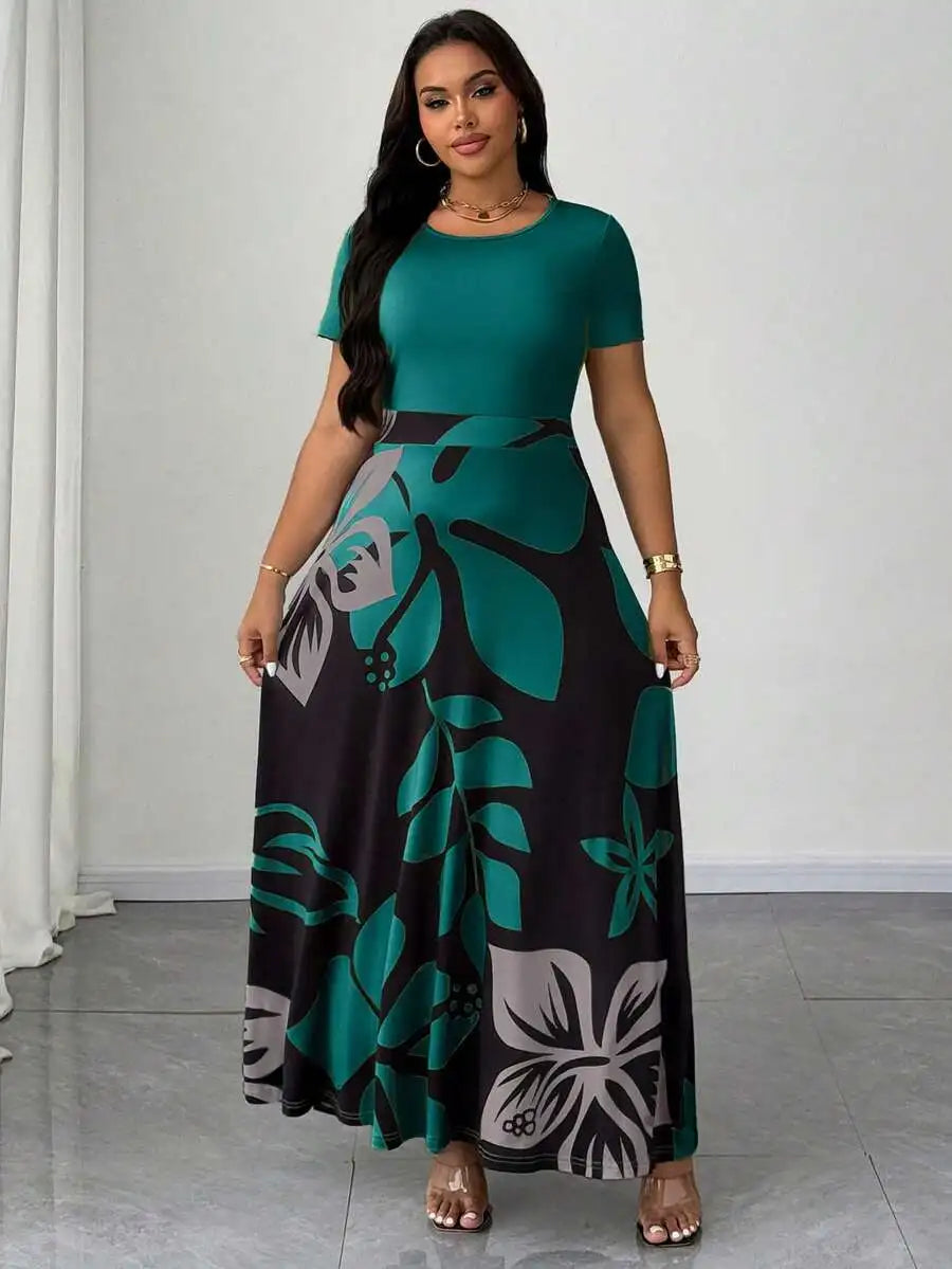 Plus Size Women Botanical Print Round Neck Short Sleeve Maxi Dress