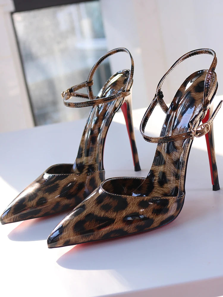 Red background leopard print high-heeled sandals with a straight buckle
 pointed toe  and sexy big size 12CM