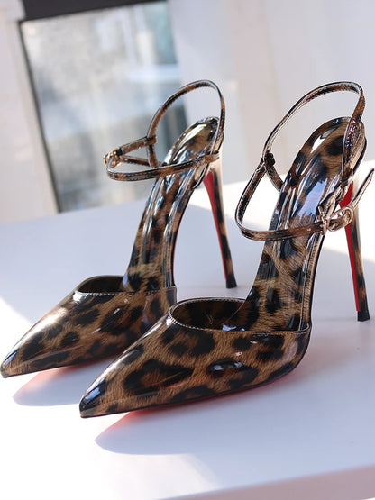 Red background leopard print high-heeled sandals with a straight buckle
 pointed toe  and sexy big size 12CM