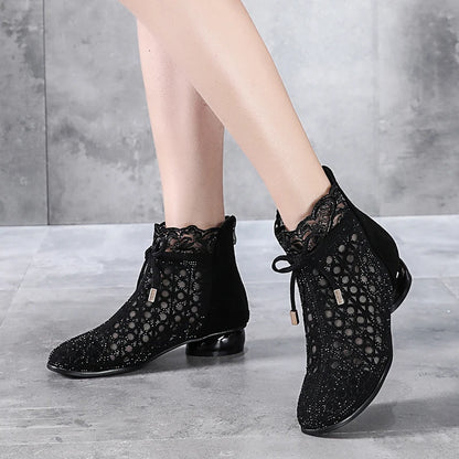 Spring Summer Ankle Boots Rhinestones Sandals Mesh Boots Hollow Women's Shoes Genuine Leather