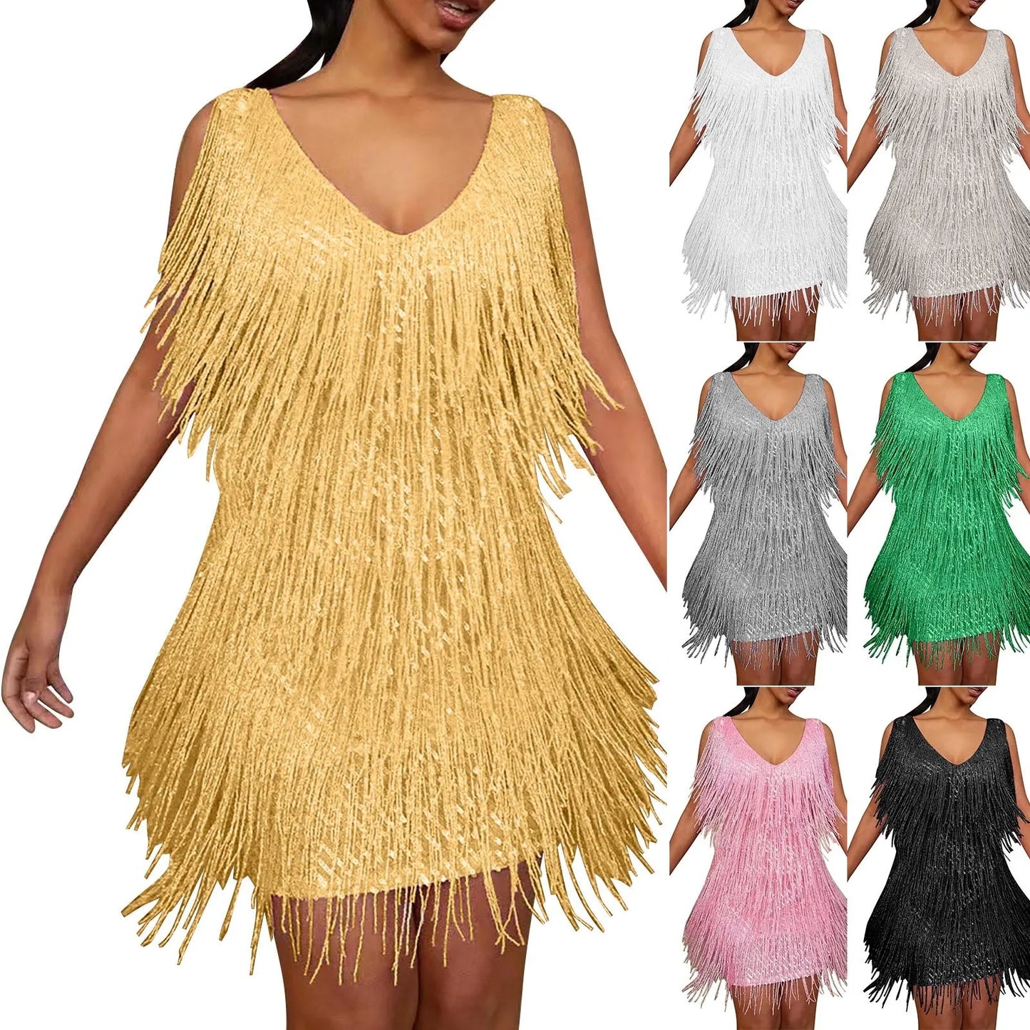 Plus Size Sexy V-Neck Tassel Mini Dress