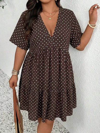 Women Plus Size V-Neck Polka Dot Casual Flowy Dress Summer