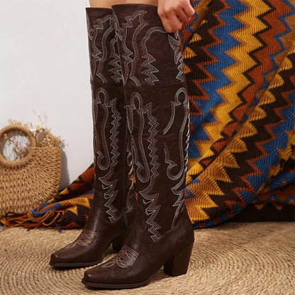 Vintage Western Cowboy Boots For Womens Fashion Embroidered Pointed Toe