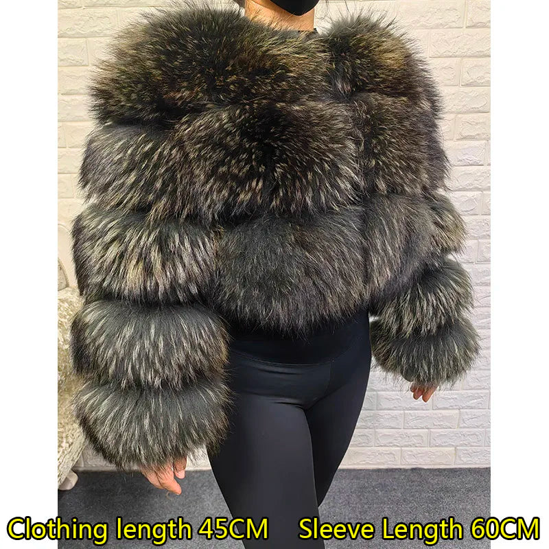 Real Fur Coat Women Natural Raccoon Fur Jacket  Long Sleeve With Hat