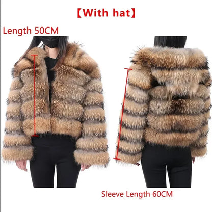 Real Fur Coat Women Natural Raccoon Fur Jacket  Long Sleeve With Hat