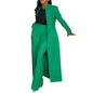 Women's Set Full Sleeve X-Long Blazer Coat+ Long Pant Suit