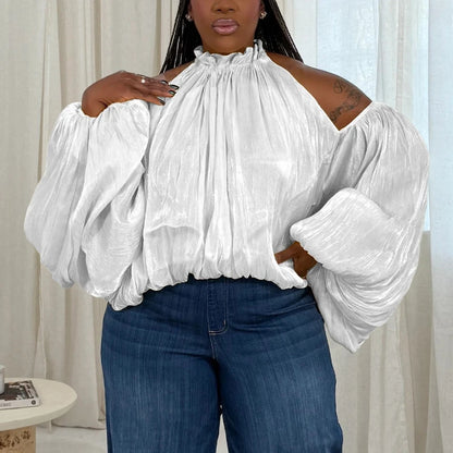 Shiny Plus Size Blouse Women Halter Neck Loose Long Lantern Sleeve Sexy Casual Holiday Evening Party Shirt