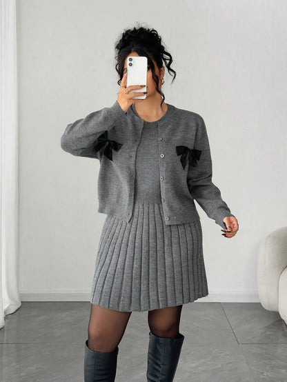 Gray Knit Pleated Skirt Set with Bow-Trimmed Cardigan, Loose Fit