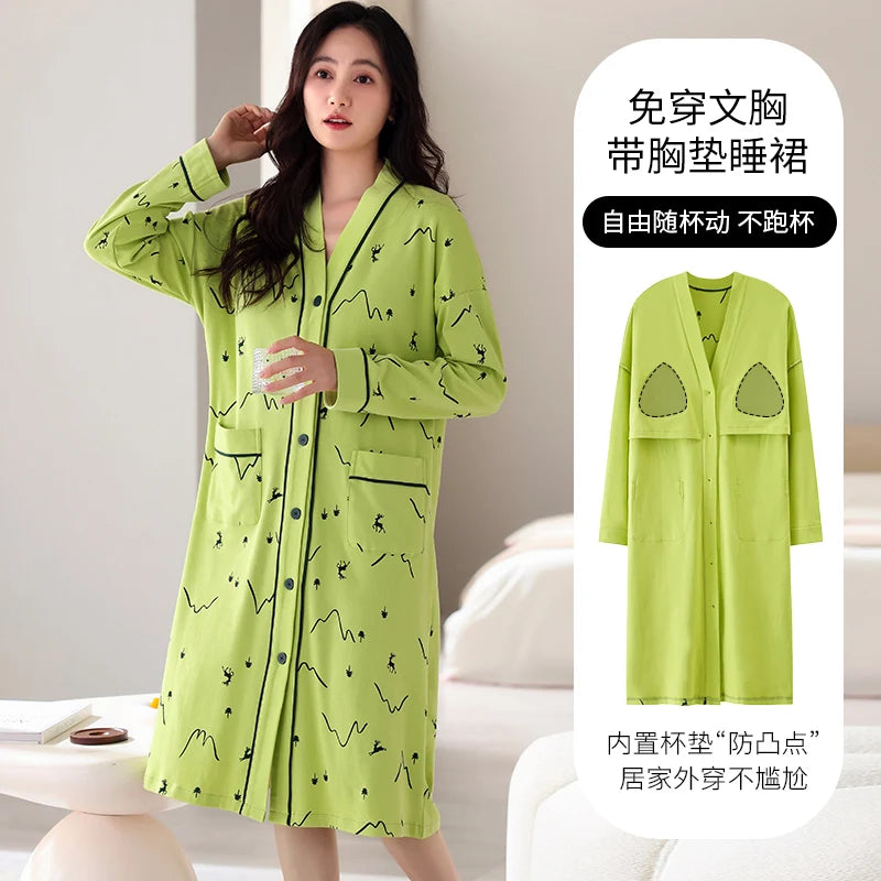 Spring and Autumn Women Nightdress With Chest Pad Femme Cotton Nightwear