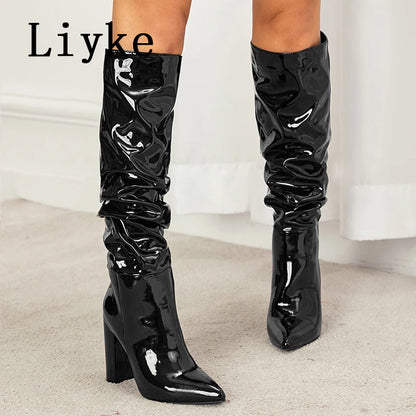 Autumn Winter Pleated Patent Leather Knee High Boots Slip On Motorcycle Shoes Women Square Heels