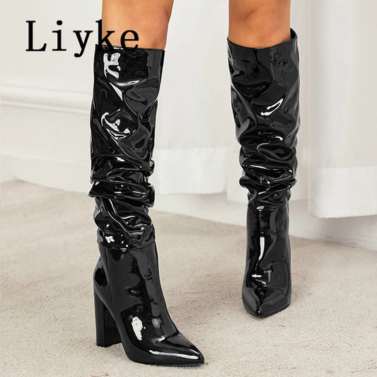 Autumn Winter Pleated Patent Leather Knee High Boots Slip On Motorcycle Shoes Women Square Heels