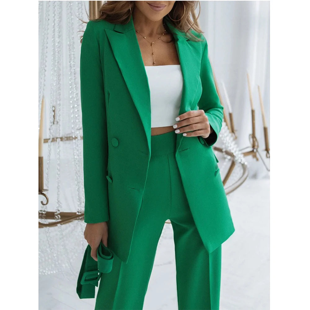 Women Pants Sets With Jacket 2 Piece Double Breasted Blazer
