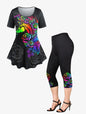 Plus Size 3D Print Tee and Capri Leggings Matching Set for Women Butterfly Floral Pattern Cloth