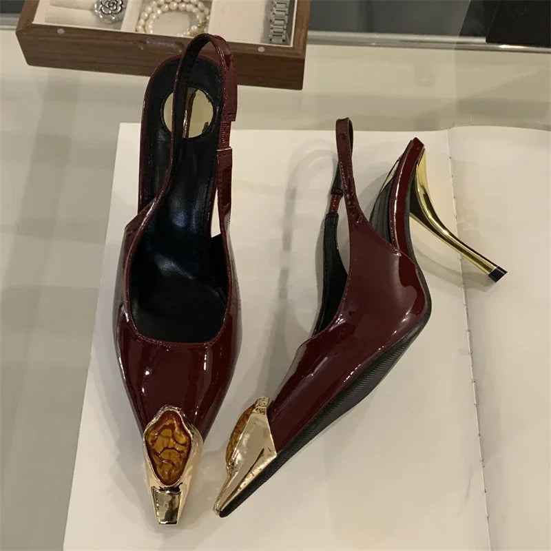 Elegant Street Style Design Metal Square Head Diamonds Woman Pumps