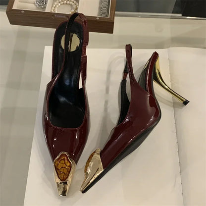 Elegant Street Style Design Metal Square Head Diamonds Woman Pumps