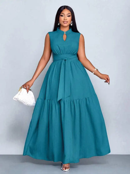 Plus Size Orange Stand Collar Sleeveless Cinched Waist Tiered Maxi Dress Casual Wear