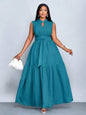 Plus Size Orange Stand Collar Sleeveless Cinched Waist Tiered Maxi Dress Casual Wear