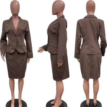 Women's Set Full Sleeve Button Blazer + Skirts Suit