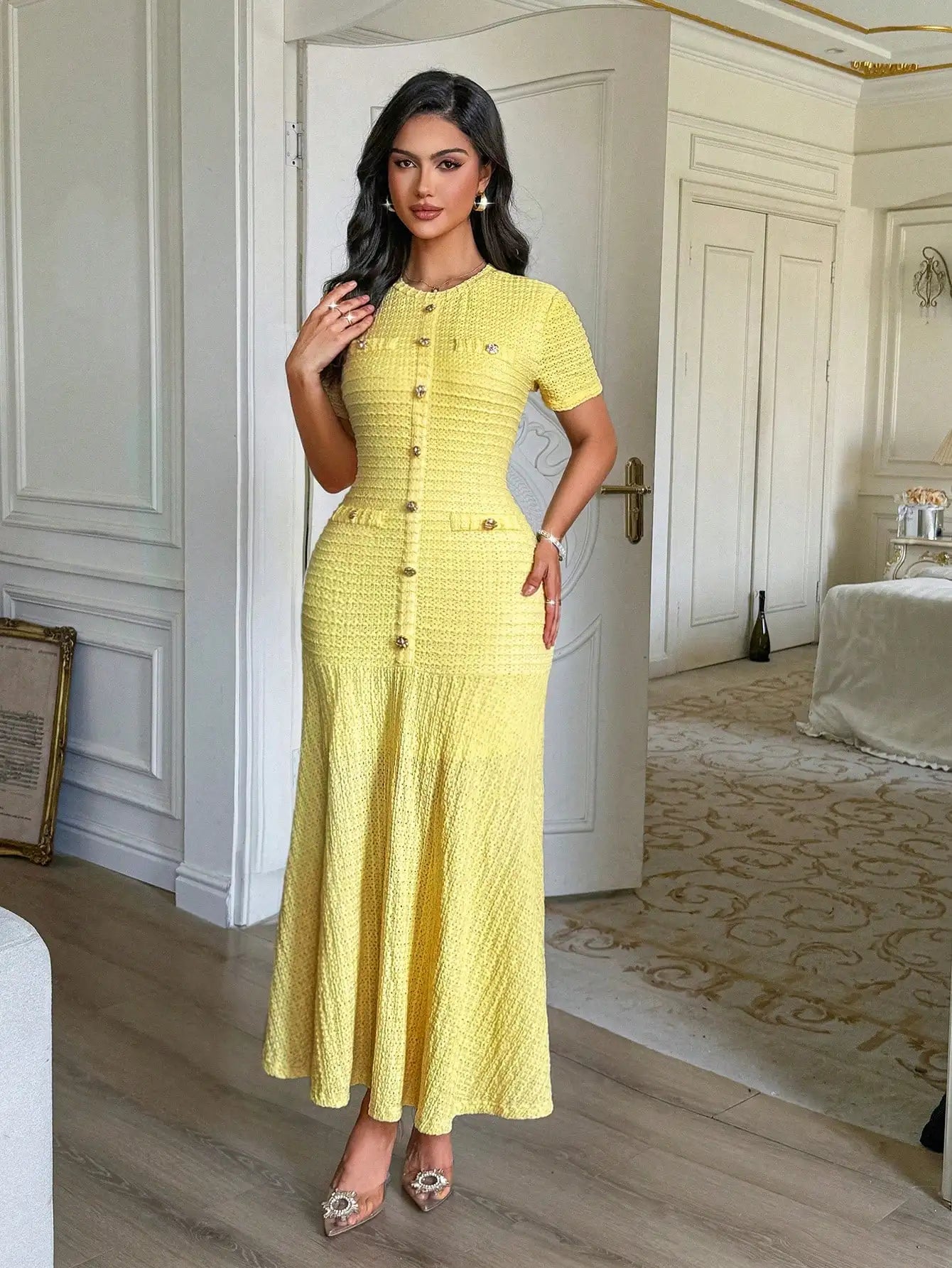 Yellow Textured Knit Midi Dress with Front Buttons and Faux Pockets
