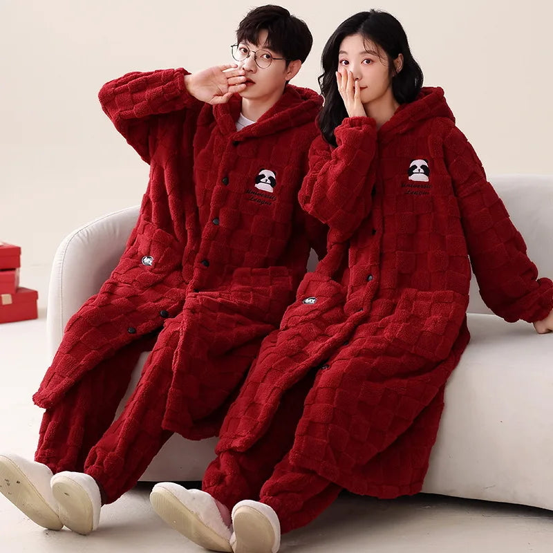 Coral Velvet Pajamas for Women Men Winter Thickened Plush Long Sleeve Hooded Bath Robe with Trousers