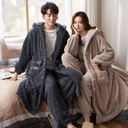 Coral Velvet Pajamas for Women Men Winter Thickened Plush Long Sleeve Hooded Bath Robe with Trousers