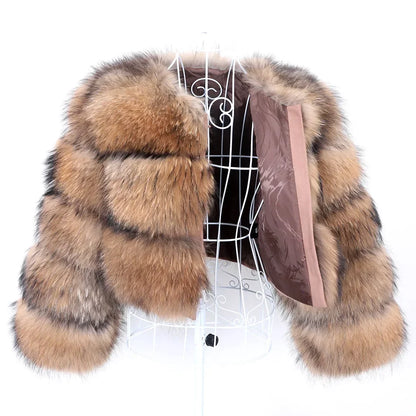 Real Fur Coat Women Natural Raccoon Fur Jacket  Long Sleeve With Hat