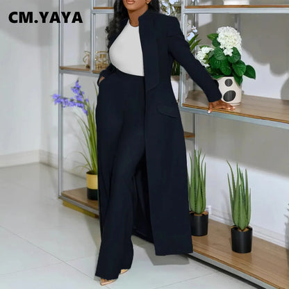 Women's Set Full Sleeve X-Long Blazer Coat+ Long Pant Suit
