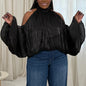 Shiny Plus Size Blouse Women Halter Neck Loose Long Lantern Sleeve Sexy Casual Holiday Evening Party Shirt