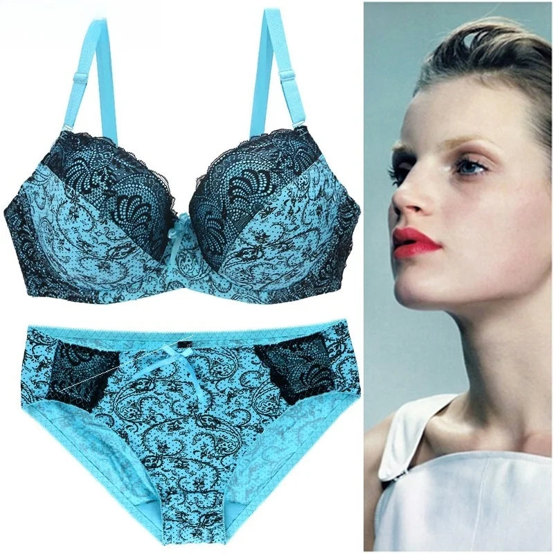 plus Size Bra Set  Full Cup Wireless Push up Bra And Briefs Combo Floral Print Fabric Breathable