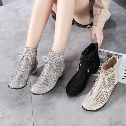 Spring Summer Ankle Boots Rhinestones Sandals Mesh Boots Hollow Women's Shoes Genuine Leather