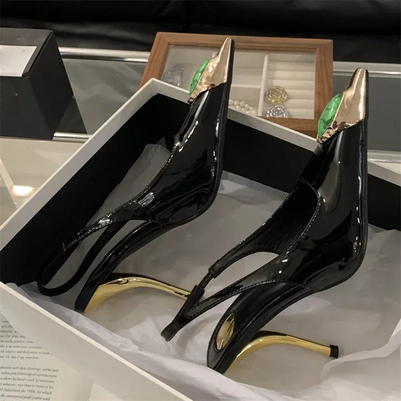 Elegant Street Style Design Metal Square Head Diamonds Woman Pumps