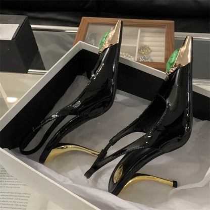 Elegant Street Style Design Metal Square Head Diamonds Woman Pumps
