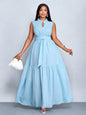Plus Size Orange Stand Collar Sleeveless Cinched Waist Tiered Maxi Dress Casual Wear