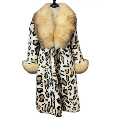 Women Fox Lapel Collar Natural Whole Skin Genuine Fur Long Jacket Real Rabbit Fur Leopard Print Overcoat