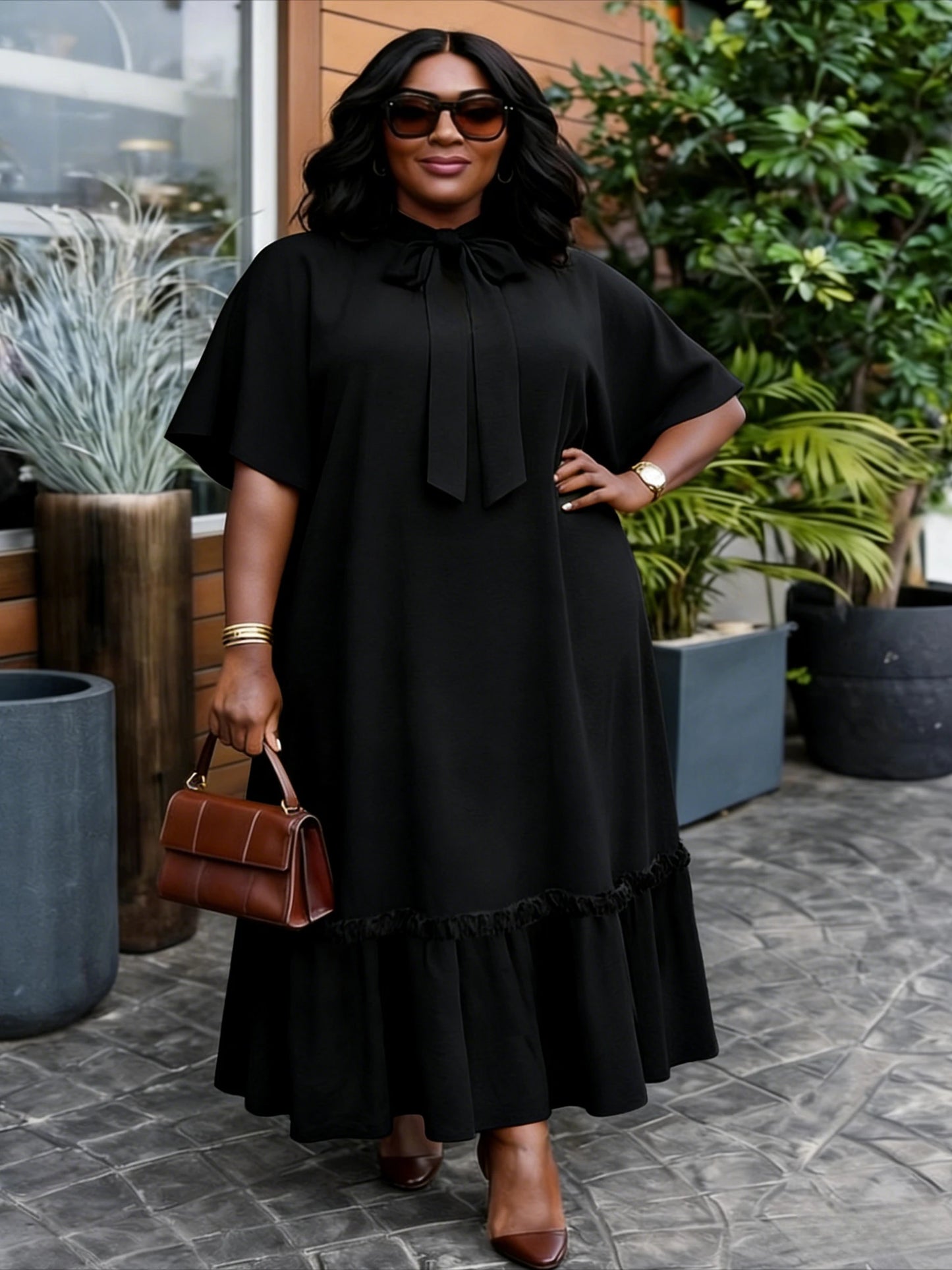 Elegant Women Straight Dress Bow Collar Short Sleeves Loose Long Ruffles Hem Africa Simple Solid Church Causal