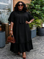 Elegant Women Straight Dress Bow Collar Short Sleeves Loose Long Ruffles Hem Africa Simple Solid Church Causal