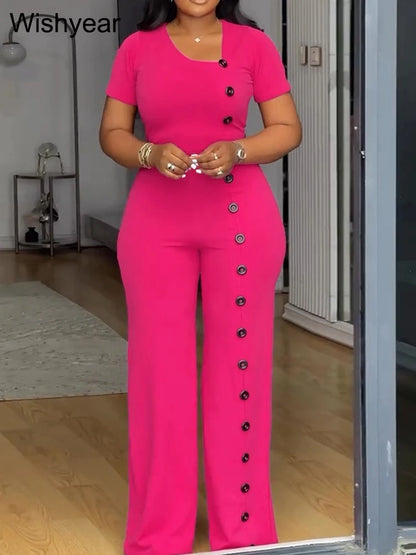 Women Elegant Long Jumpsuits for Party Summer Short Sleeve Buttons Solid Color Wide Leg Pants Rompers One Pieces Overalls