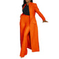 Women's Set Full Sleeve X-Long Blazer Coat+ Long Pant Suit