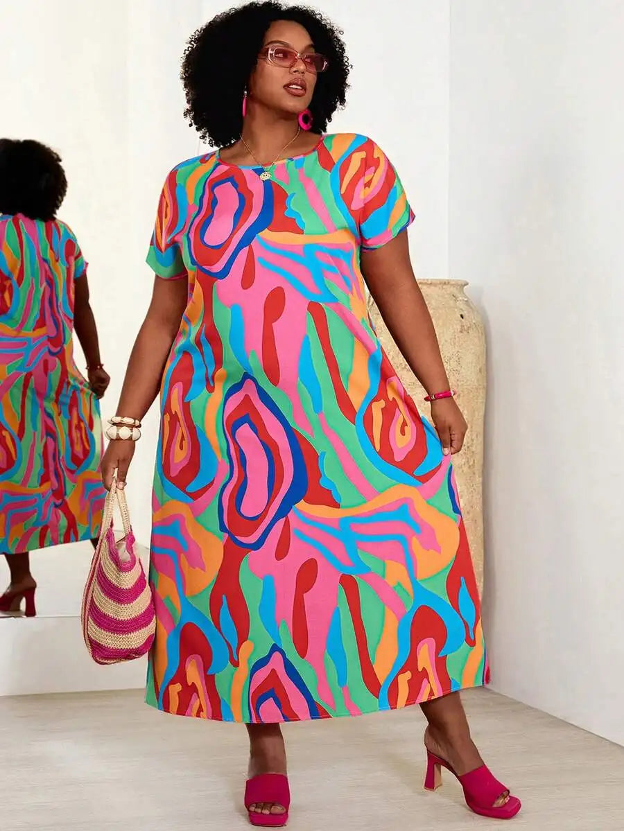 Plus Size Womens Colorful Abstract Print Midi Dress