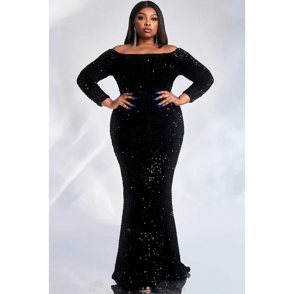 Plus Size Fashion Women's Black Satin Sequin Dress