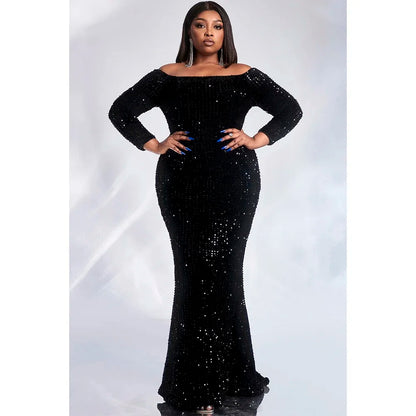 Plus Size Fashion Women's Black Satin Sequin Dress