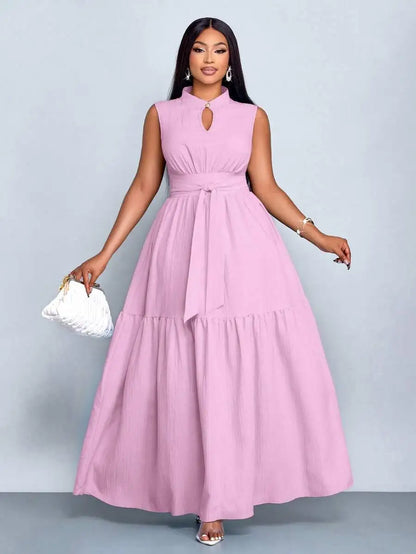 Plus Size Orange Stand Collar Sleeveless Cinched Waist Tiered Maxi Dress Casual Wear