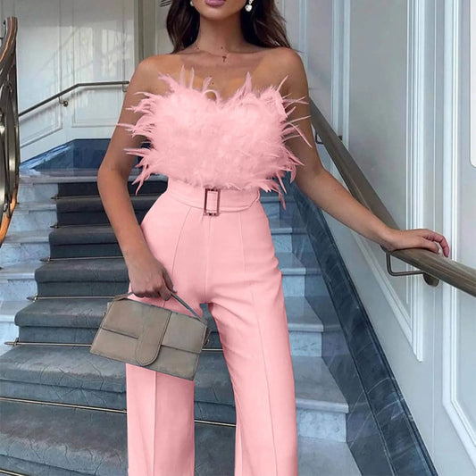 Women Jumpsuit Feather Tube Top Sexy Evening Jump Suits Sleeveless High-waisted Straight Playsuits Night Clubwear Overalls